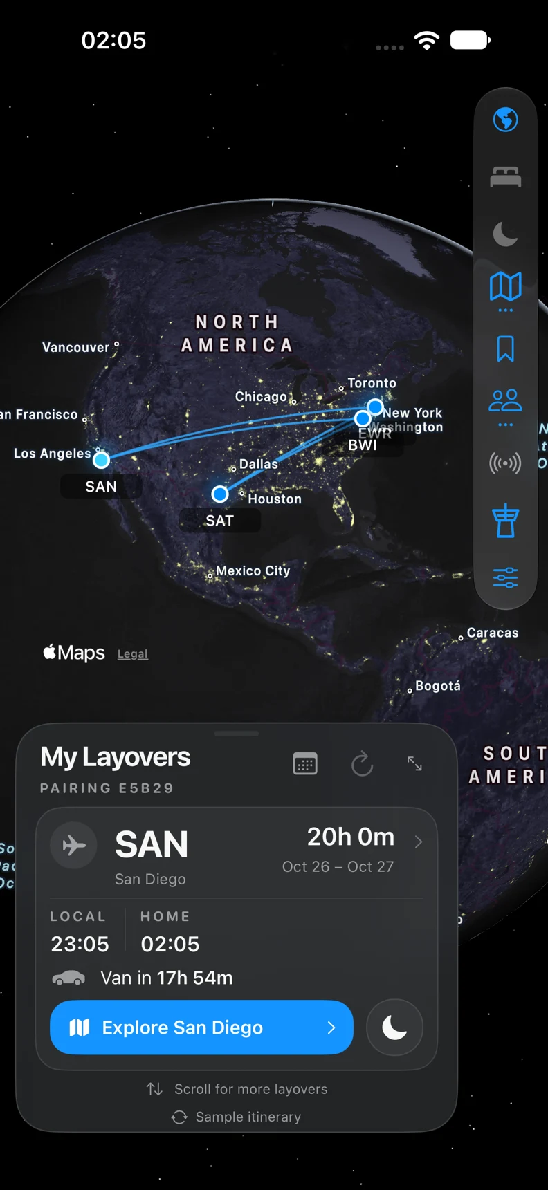 Offport’s actual trip overview: a scheduled route map and a sample San Diego layover with home and local clocks.